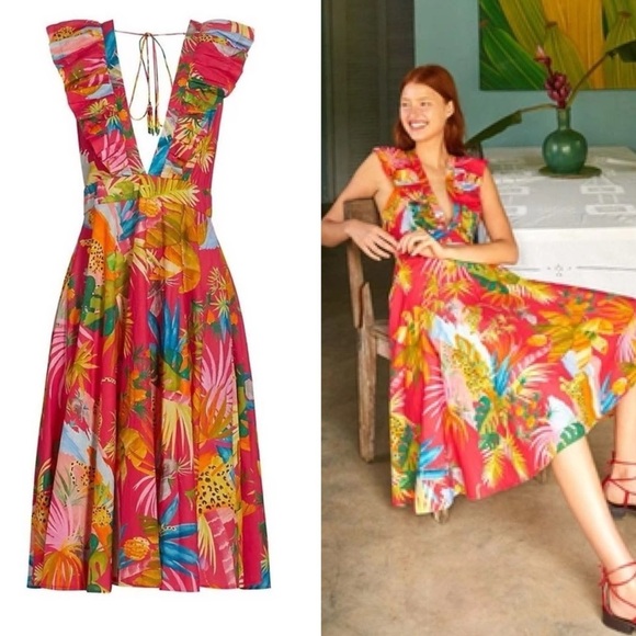 Farm Rio  Farm Rio Tropical Jungle Midi Dress L Leopard Fruit Vacation - Picture 1 of 15
